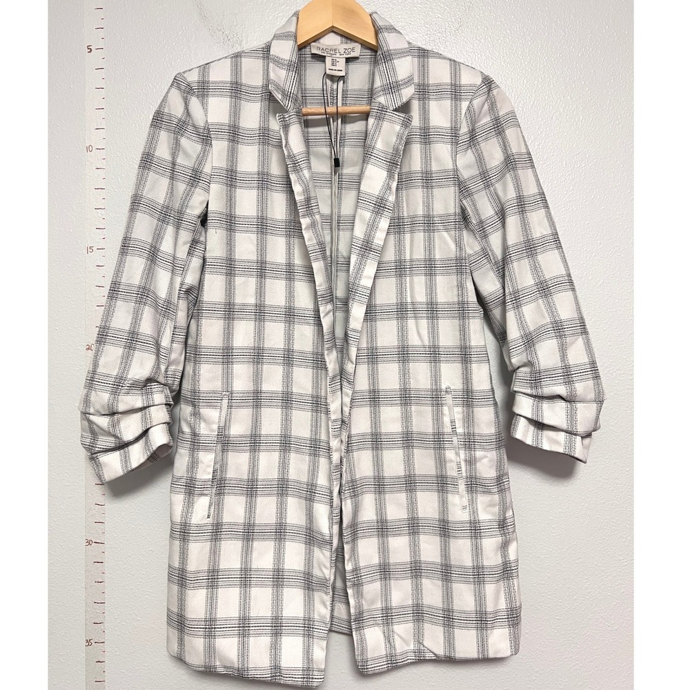 Rachel Zoe Plaid Open Front Blazer Women Size S White Black Ruched Sleeve Career